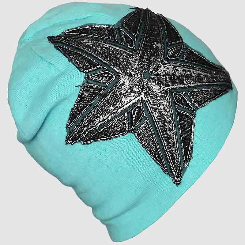 light blue GZHilovingL осень зима мягкая теплая шерстяная громоздкая Женская вязанная шапочки шапки повседневные однотонные золотые металлические звезды мужская шапка Skullies - Цвет: light blue