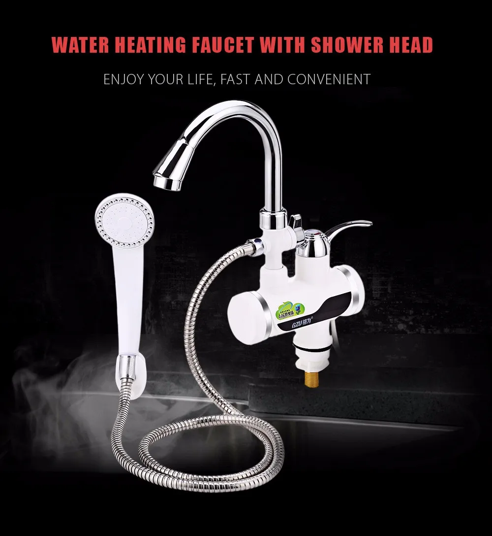 

New GZU Electric Water Heater for Kitchen Bathroom Tankless Water Heater LCD Temperature Display Heating Faucet with Shower Head