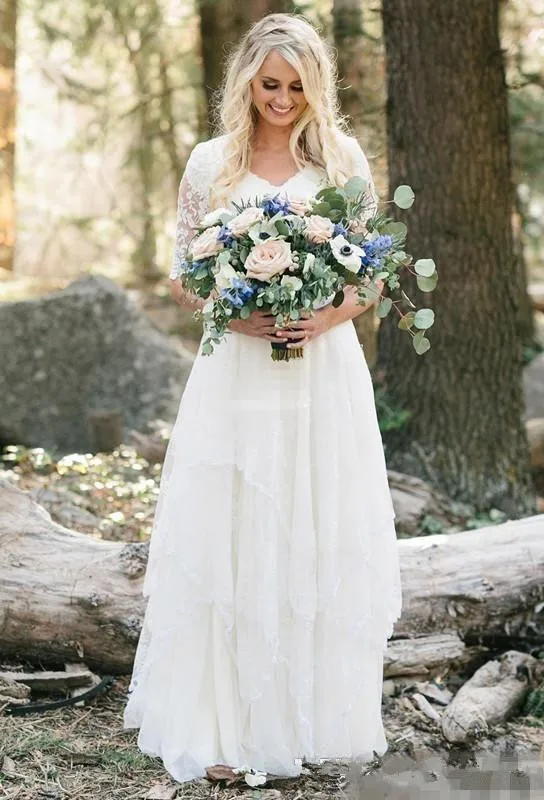 

Cheap Wedding Dresses Lace Modest V Neck Half Sleeves Long Bohemian Bridal Gown vestido de noiva robe de mariee wedding dress