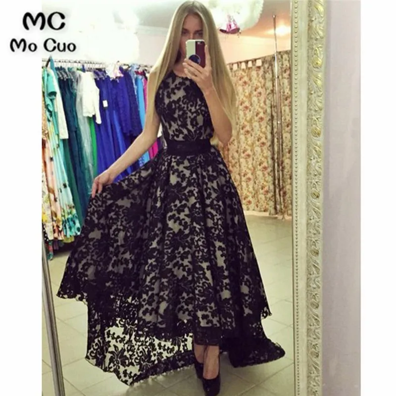 

2018 Elegant Black Hi Lo Gown Prom dresses Long Scoop Sleeveless dress for graduation Lace Evening Prom Dress