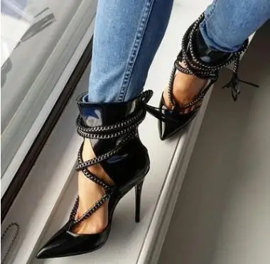 

Carole Levy 2019 Newest Pointed Toe Thin Heels Sexy Mental Chain Stilettos Ankle Strap Pumps Woman Summer Shoes For Party Sandal