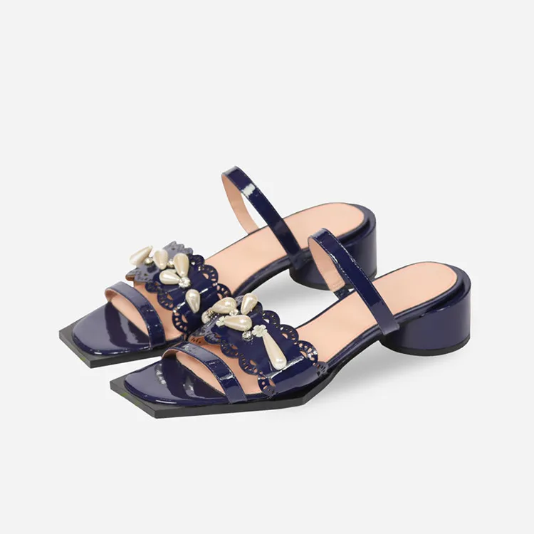 

2018 Woman Slipper Thick Heel Square Toe Women Shoes Woman Slides Pearl Decor European Stylish Patent Leather Summer Beach Shoes