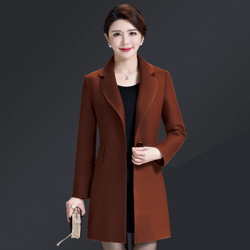 

Free Shipping High Quality New Spring Autumn Women Work Wear Fashion Long Coat Caramel Color Jacket Plus Size Mid Old Age