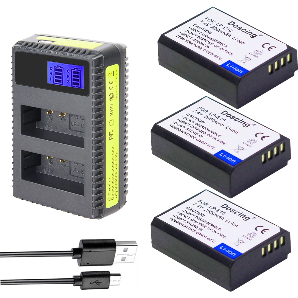 Doscing 3Pcs LP E10 LP E10 LPE10 Camera Battery + LED USB Dual Charger for Canon EOS 1100D 1200D