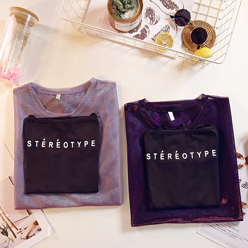 Gkfnmt 2018 Summer Female T shirt For Women Top Two Sets Short Sleeve Colorful Transparent Long Big Sizes Tops Korean Clothes Tops