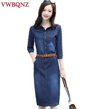 

Women Vintage Denim Dresses Korea Slim Bag hip Bifurcation With belt Female Jeans Dress Plus size Casual Autumn Denim Dress 3XL