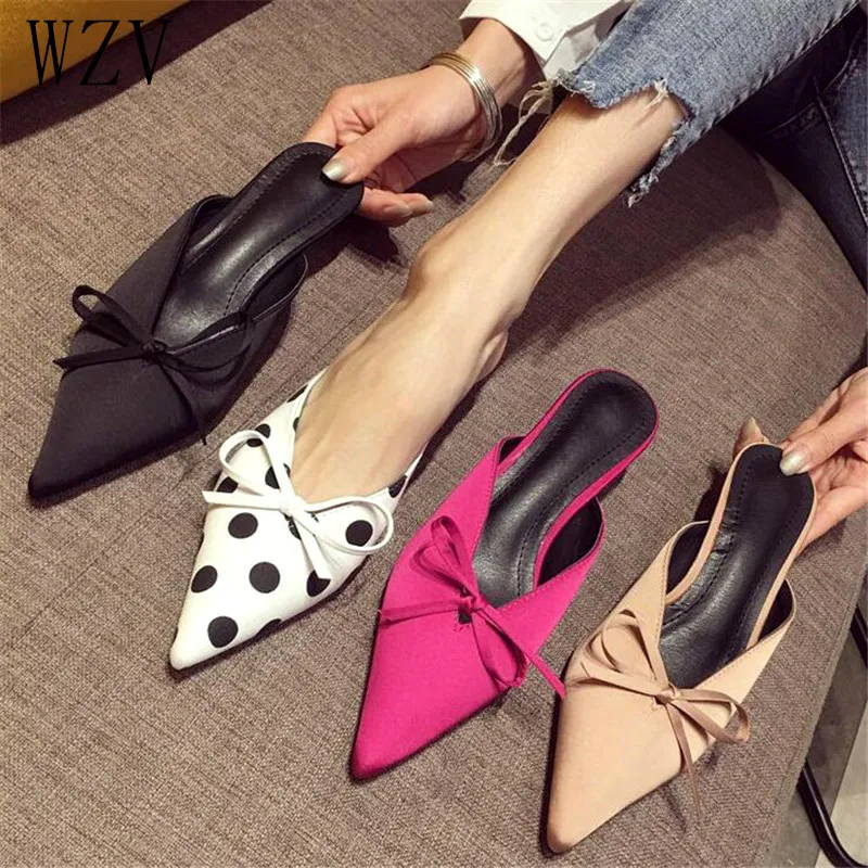 

Women Pointed Toe Small Heel Slippers Bowknot Mules Women Dress Slides Female High Slippers Ladies Elegant Sandals Mules H314