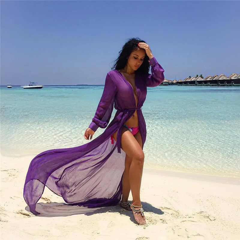 

Beach Cover ups Tunic Pareos Swimwear Women 2018 Bikini long sleeve Bandage Cardigan cover up Chiffon Swimsuits Beach Swim Wear