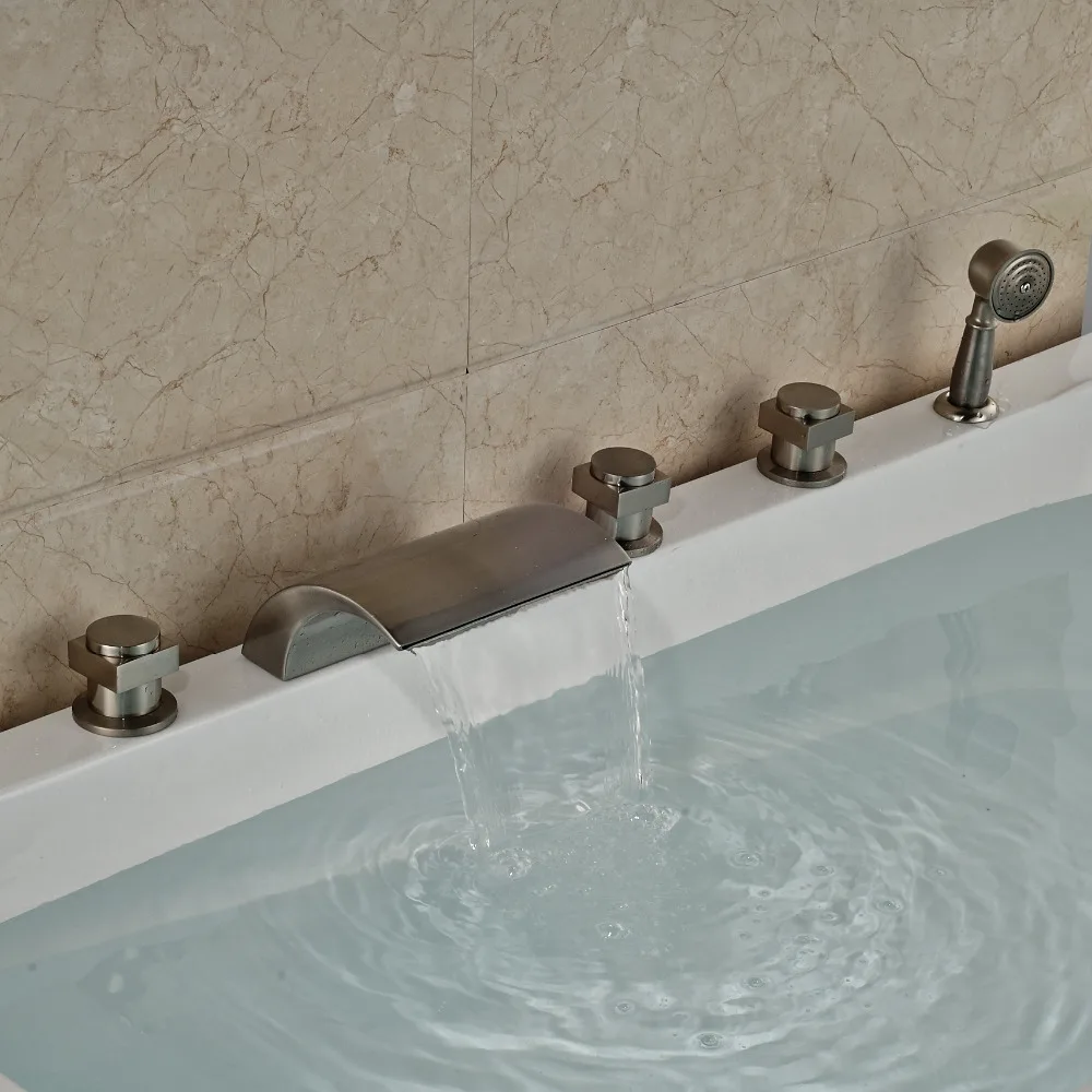 Widespread Brushed Nickel Tub Faucet 5pcs With Three Crystal Handles