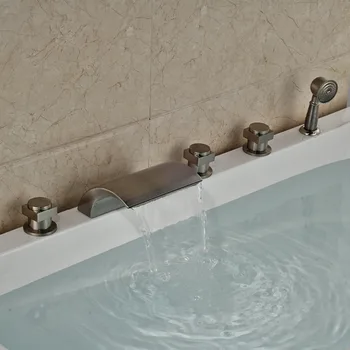 

Widespread Brushed Nickel Tub Faucet 5pcs With Three Crystal Handles Swivel Spout Deck Mounted