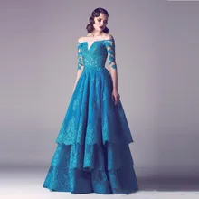 Neue Mode Halbarm Spitze Blau Tiered Lange Abendkleid New Fashion maß Abschlussball-partei-kleid Lange Formale Abend kleid