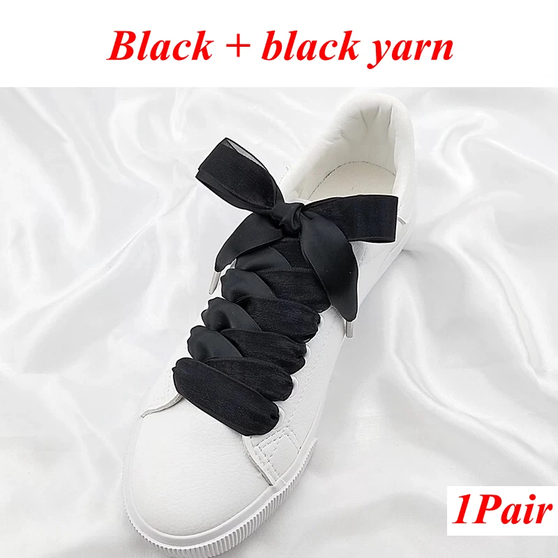 Black black 1 пара, ширина 2 см, двухсторонние шнурки для снега, атласные, шелковые, ленточные шнурки, женские модные шнурки для кроссовок, шнурки для обуви 80/100/120 см - Цвет: Black black