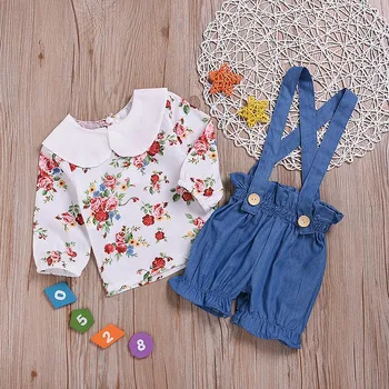 

Summer Baby Girls Shorts Suits Half Sleeve Floral Pattern T-shirt Tops+Strap Denim Shorts Suits Peter Pan Collar
