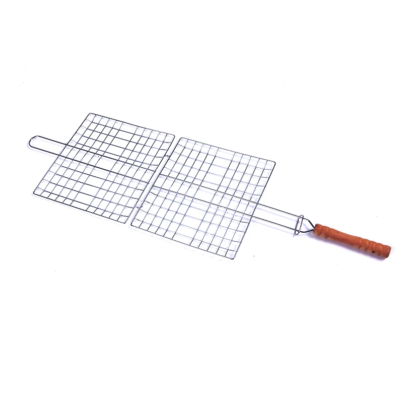 33CM*48CM Foldable DIY Barbecue Grilling Basket Wood Handle Outdoor BBQ Grilling Fish Rack Barbecue Tool Fish Grill Net