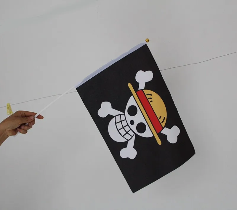 Изготовленный на заказ 1 дюжина 12 шт. полиэстер ONE PIECE Череп Луффи ручной флаг с пластиковым флагштоком размер 20x30 см