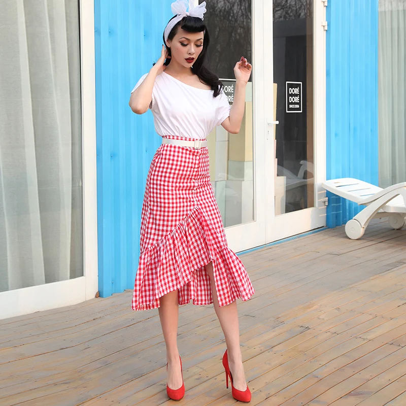 

2017 Summer Vintage Red Plaid Skirt Slim High Rise Ruffles Bottom Irregular Cutting Pencil S Elastic Waist Thin Fabric
