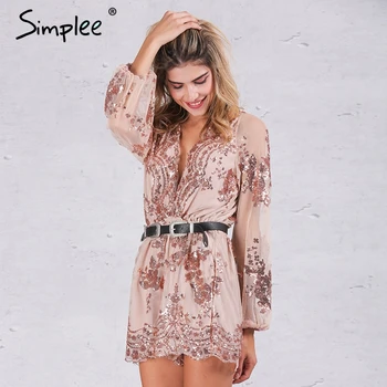 Simplee 2017 Autumn Gold sequin embroidery elegant jumpsuit romper Transparent mesh sleeve playsuit women Deep v neck overalls