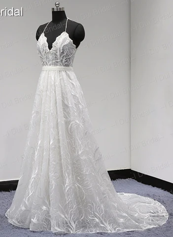 Уникальное кружевное свадебное платье на бретельках с открытой спиной и жемчугом, расшитое бисером, со съемным поясом, фабричное Настоящее фото, новинка - Цвет: All ivory