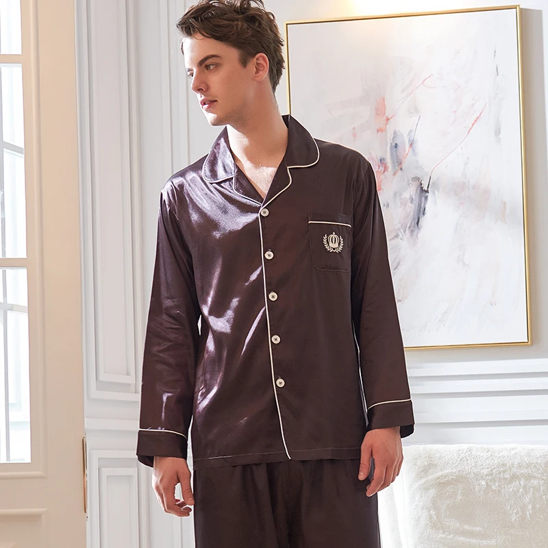 Faux Silk Pajamas Male 2020 Autumn New Silky Ice Silk Sleepwear Man Long-Sleeve Dark Coffee Pajama Sets X9003