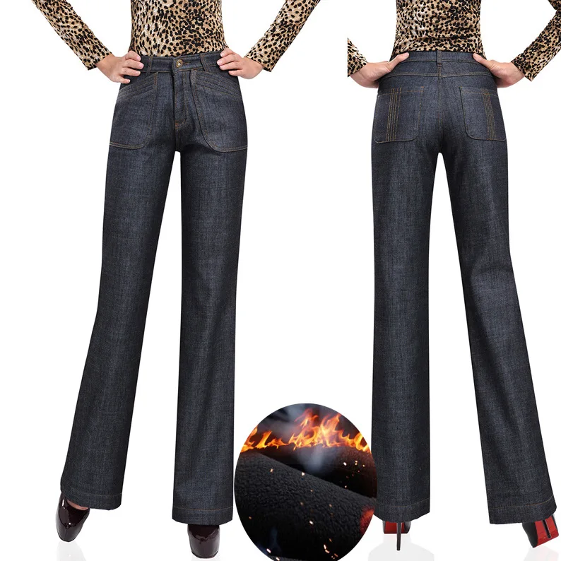 Зима, женские джинсы с широкими штанинами, высокая талия, большие прямые джинсы, флисовые штаны размера плюс, брюки 27-38