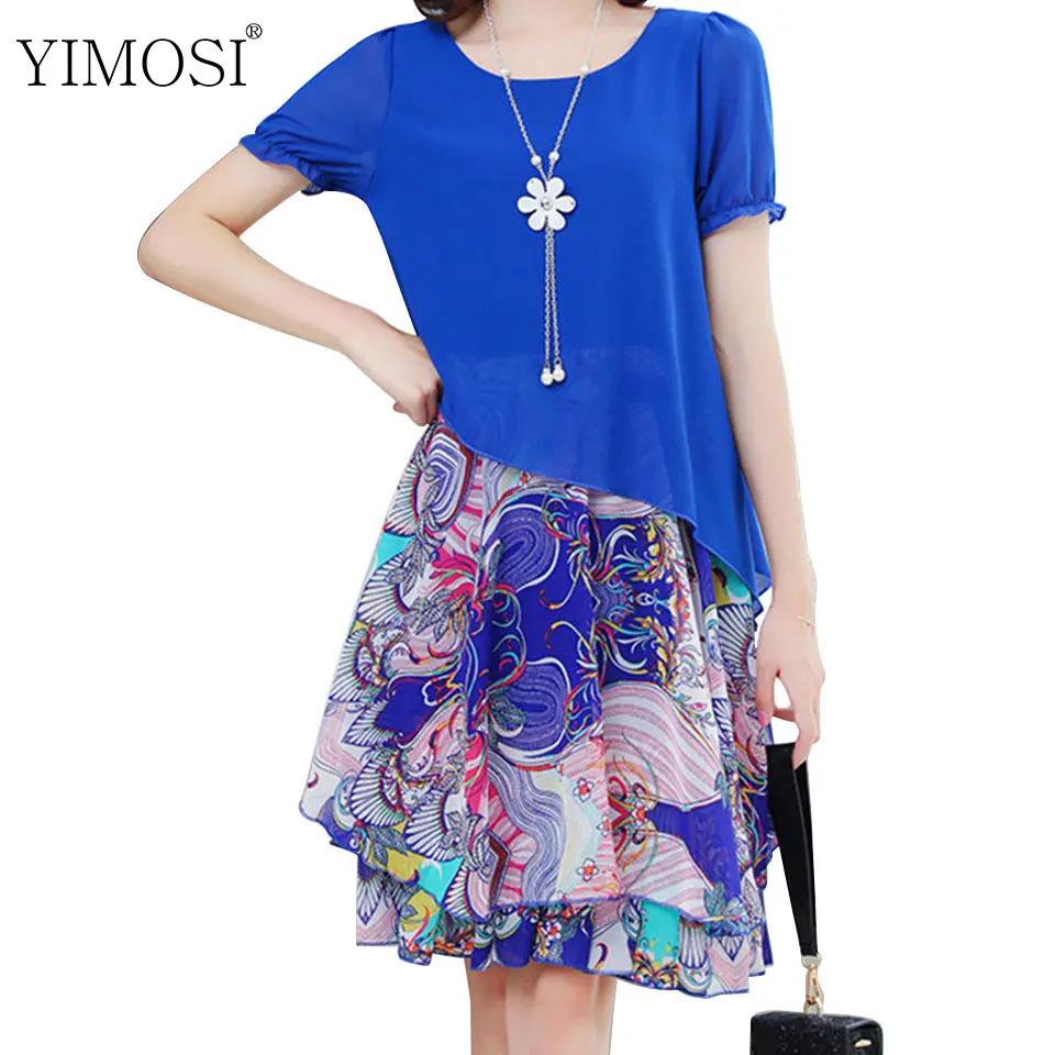 

5XL Summer Women Chiffon Dress Lady Short Sleeve Floral Printed Dress 2019 Casual Fake Two Set Loose Sundress Plus Size
