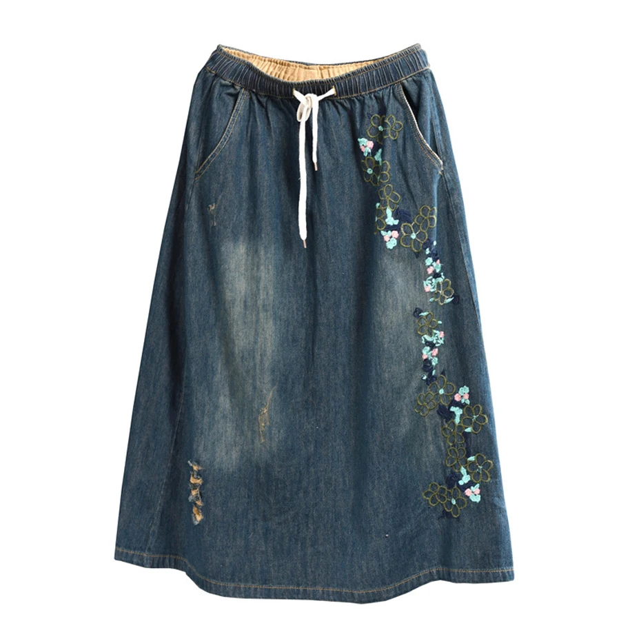 Женская джинсовая юбка с вышивкой, с цветочным рисунком, с белым длинным, элегантная, милая, модная, повседневная, на весну-лето 06-0220
