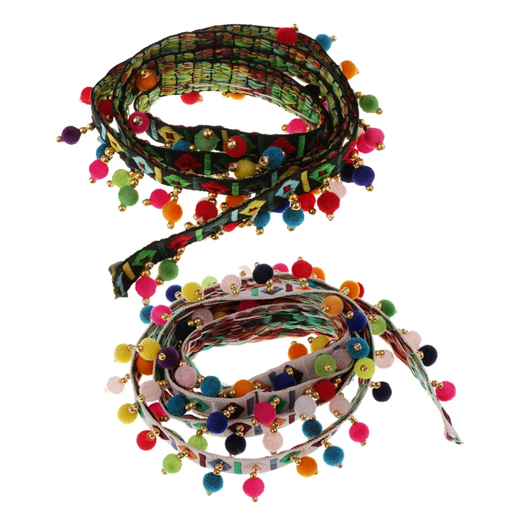 2Pcs Bohemian PomPom Lace Fringe Trim Ribbon DIY Sewing Craft Clothes Decor