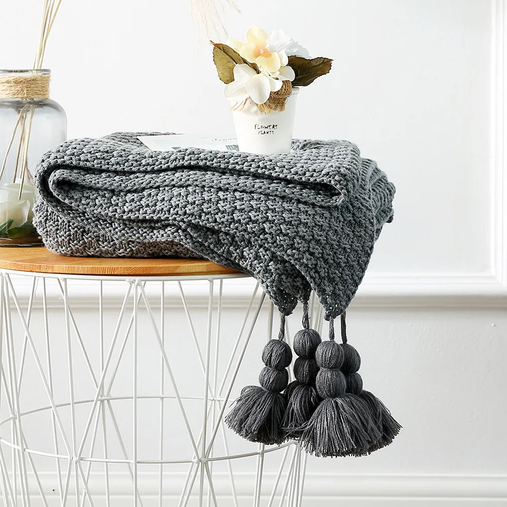 130x170cm Soft Thick Blanket with Tassels Cotton Knitted Warm Blanket
