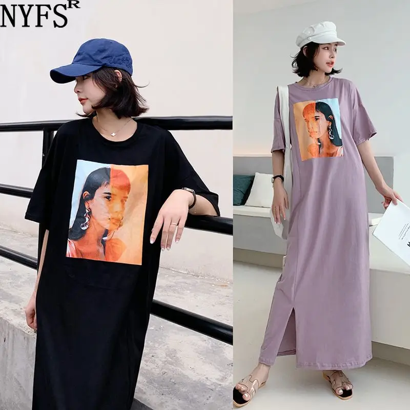 

NYFS Summer dress 2019 New Loose large size Extra long dress Vestidos Robe Elbise Front split stitching print Women dress