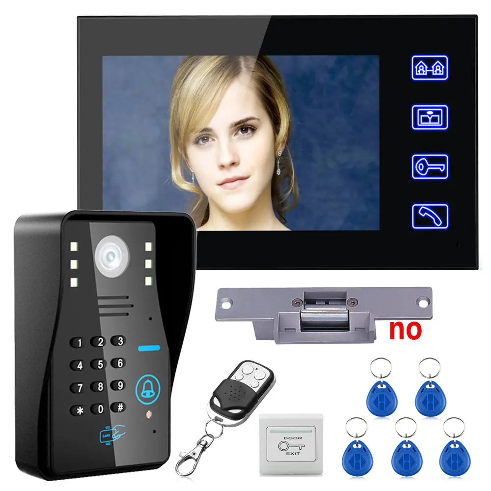 Touch Key 7\ Lcd RFID Password Video Door Phone Intercom System Kit+ Electric Strike Lock+ Wireless Remote Control unlock