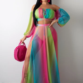 

Print Chiffon Sheer Backless Sexy Dress Romper Strapless Full Sleeve Bandage Crop Open Slit Maxi Club Dress Party Two Piece Sets