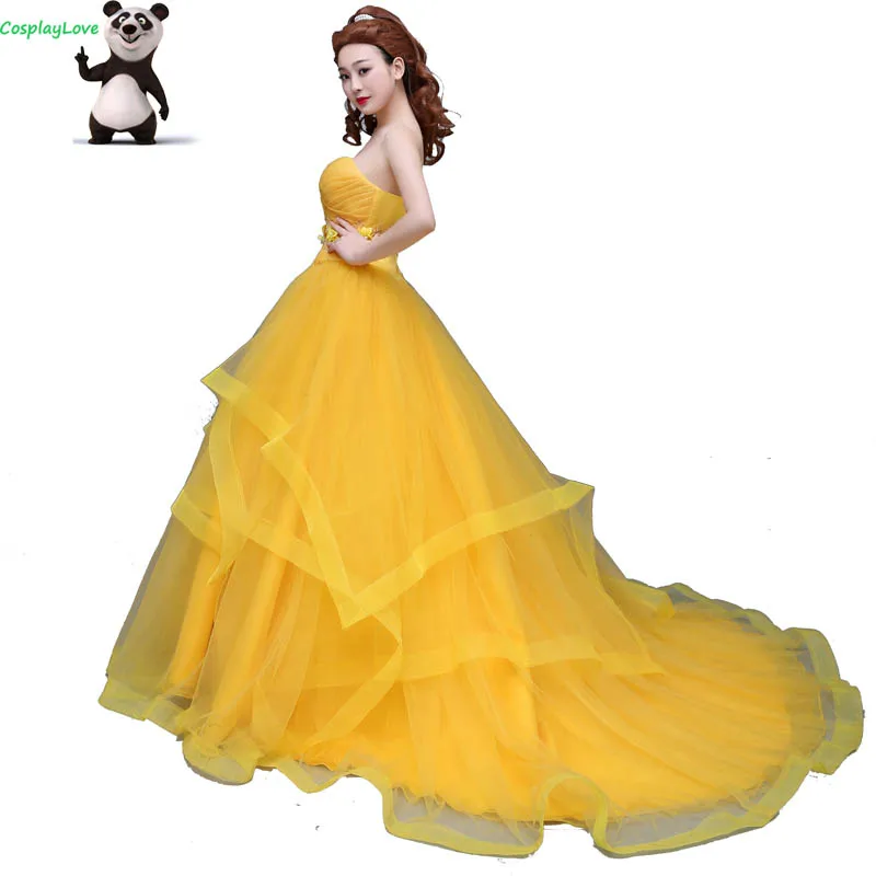 Cosplaylove Movie Beauty And The Beast Custom-Made Yellow Tube Top Trailing Belle Cosplay Dress Princess Cosplay Costume