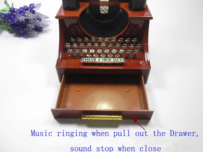 Old style Typewriter machine music box creative retro brown musical box with a drawer home decoration craft 14.5x13.5x11cm