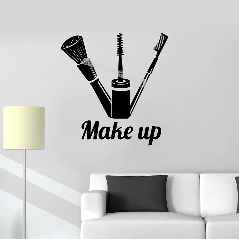 

Make Up Quote wall Decal Grooming Cosmetic Case Decor Beauty Salon Mascara Makeup Brush Cosmetics store wallpaper poster EA114