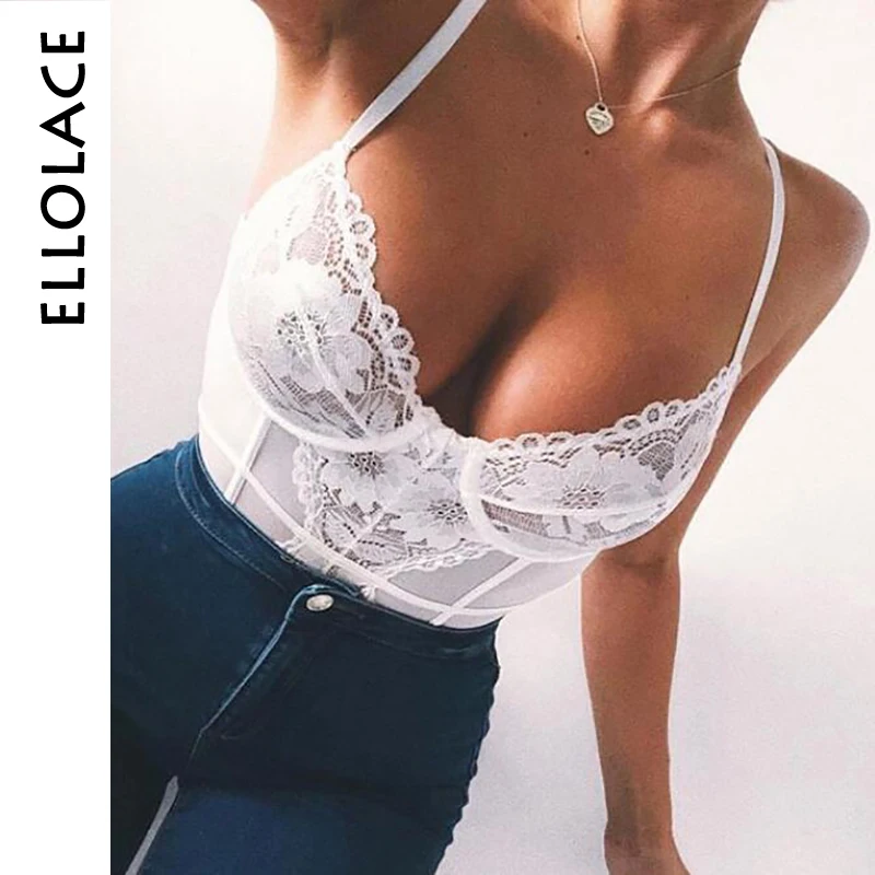 

Ellolace Low Cup Bodysuit Women Mesh Lace Patchwork See Through Push Up Bodycon Bodysuits Female 2019 Summer New Ladies Overalls