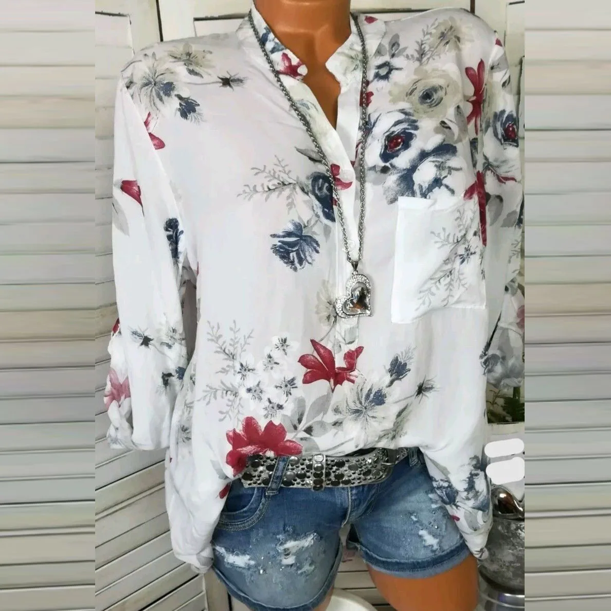 En Ligne AVODOVAMA M Mode Sexy Col en V Décontracté Plus La Taille Chemisier Femmes D été Trois Quarts Manches Imprimé Floral En Mousseline De Soie Chemises