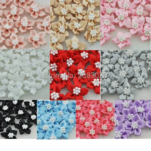 40 шт. атласные ленты банты с цветами W/бусины аппликации для свадебного декора много микс E46
