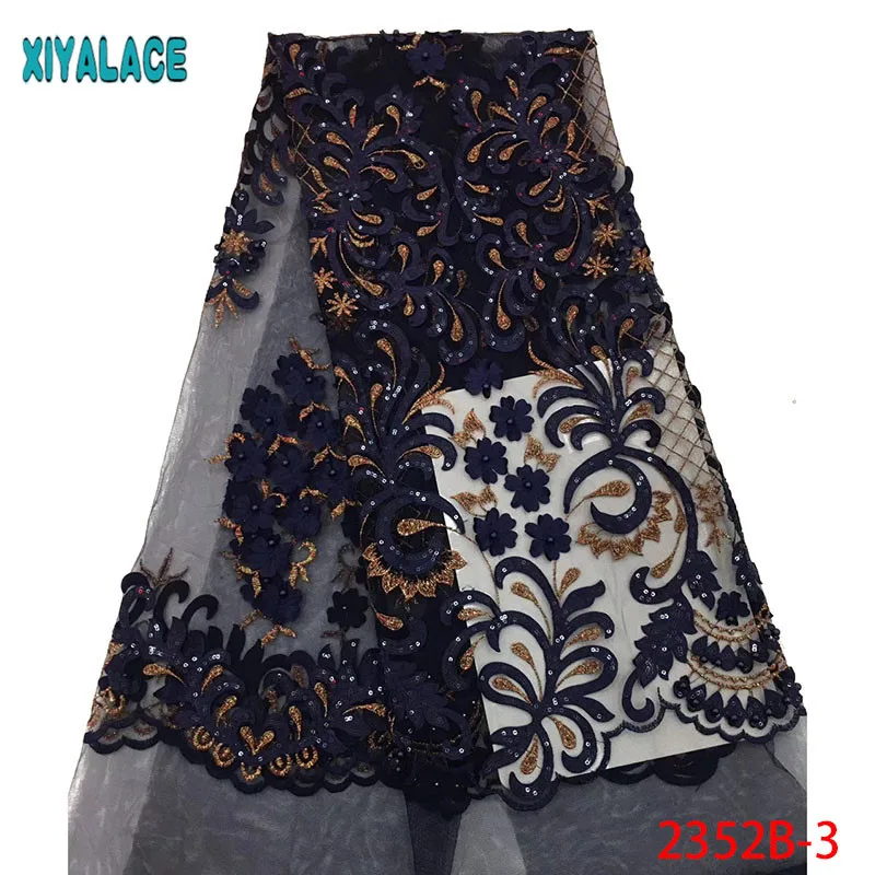

Navy Blue African Tulle Lace Fabric With Beads High Quality Sequins Embroidery French Lace Fabric For Party 5yards PGC2352B-2