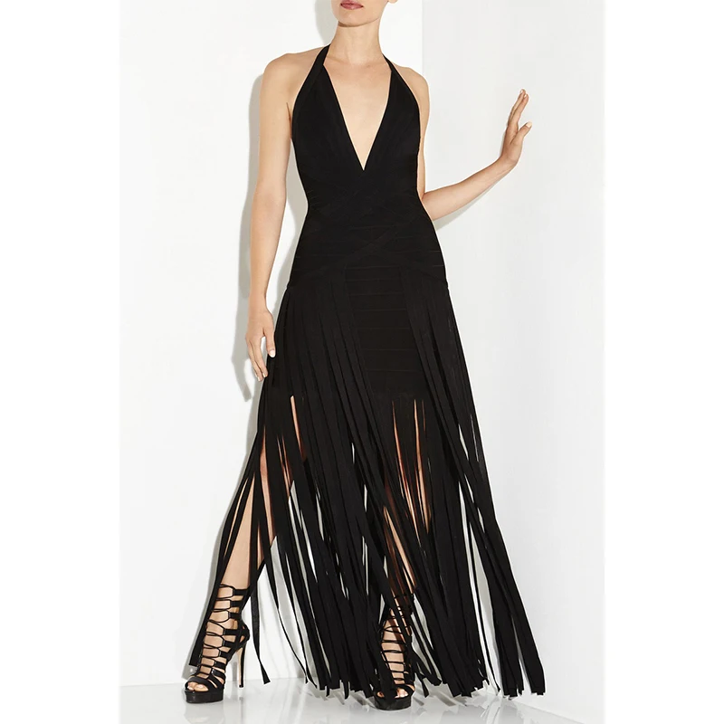 Sexy Halter Backless Women Bandage Dress Off Shoulder Patchwork Tassel Maxi Dresses Celebrity Party Club Deep V Neck Vestido HL | Женская