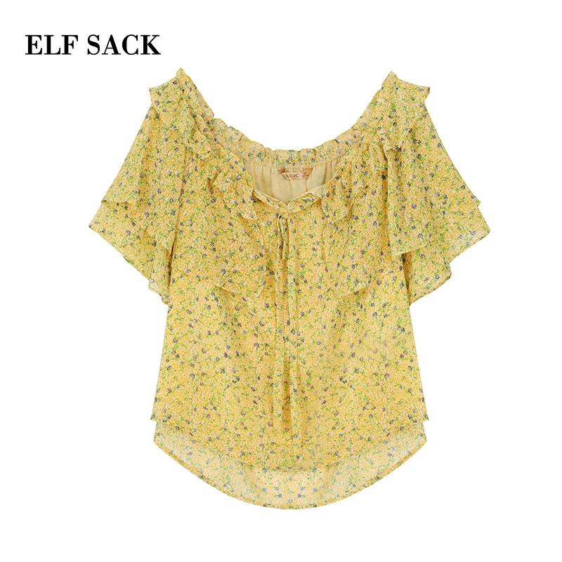 Женская блузка с рукавами бабочками ELFSACK черная Повседневная Блузка цветочным