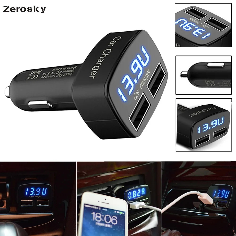 Автомобильное зарядное устройство Zerosky 4 в 1 двойной USB термометр цифровой дисплей