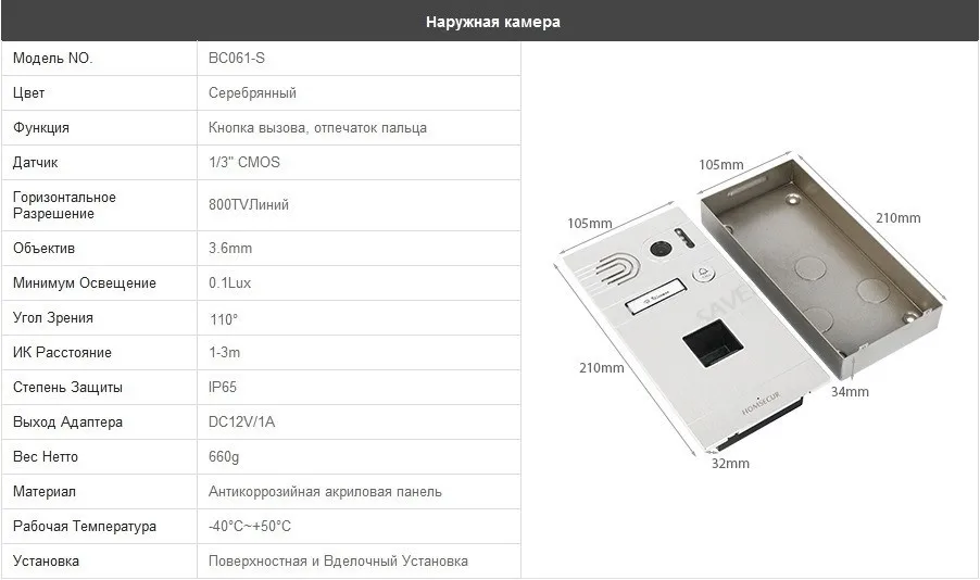 HOMSECUR 7 "Свободные Руки Видеодомофон внутренней безопасности Камера с алюминиевым сплавом с детектором движения