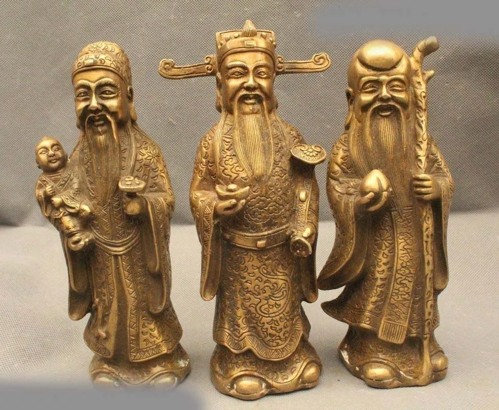 

10" Chinese Folk Brass 3 Longevity God Fu Lu Shou Life Ru Yi Peach Statue Set