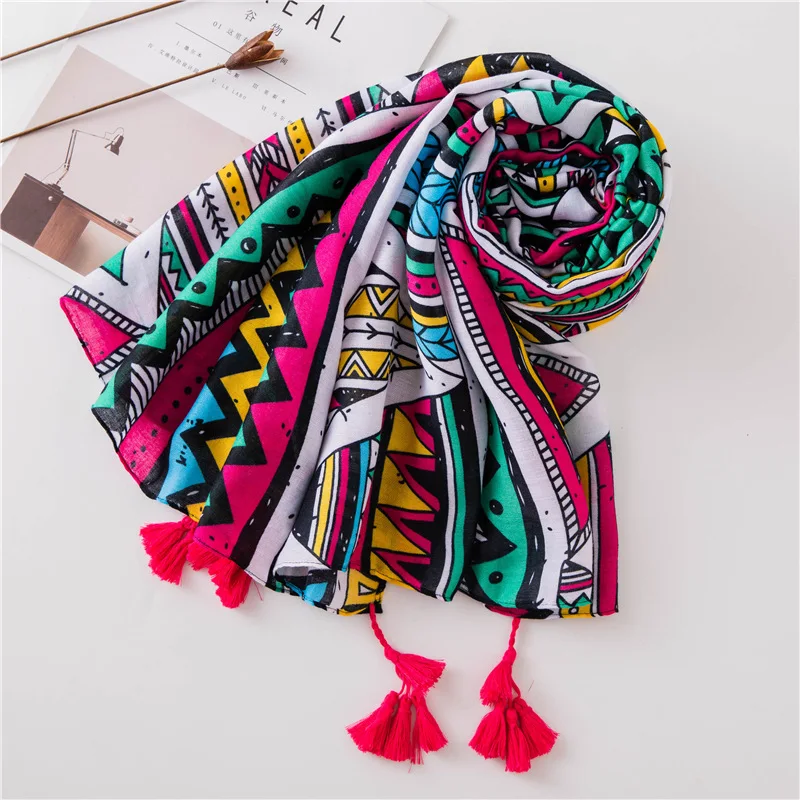 Kopen KYQIAO Etnische HOOFD sjaal 2019 designer hijab sjaal womens sjaals Spanje stijl bohemian hippie geometrische patroon kwasten sjaal