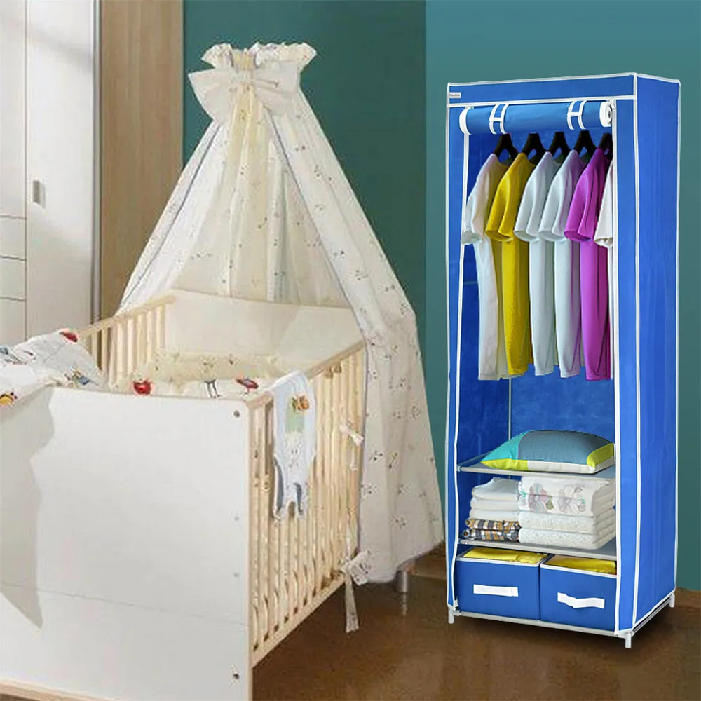 Finether Triple Canvas Clothes Wardrobe Cupboard Hanging Rail With Storage Shelves and 2 drawers storage box -Blue3