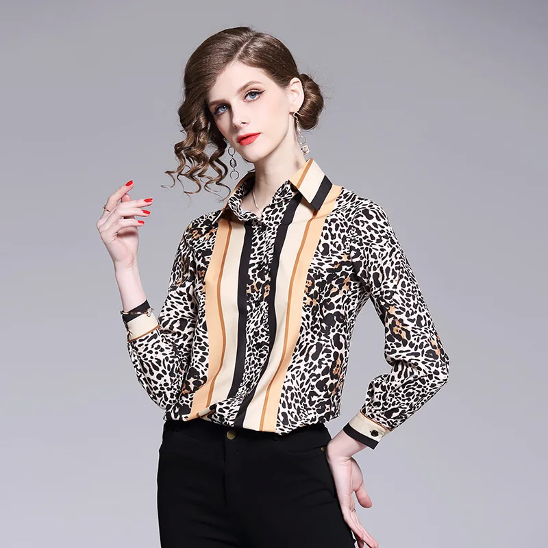 

ARiby 2019 Spring New women blouses Fashion Office Lady Chiffon Full sleeve Turn-down Collar Leopard print Splicing shirt