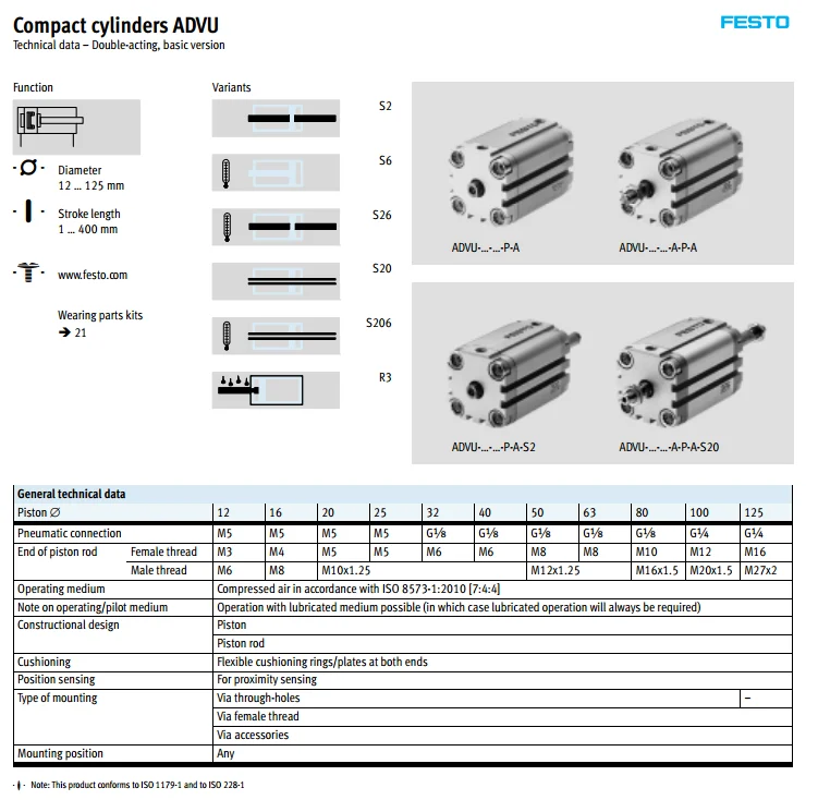 ADVU-25-5-P-A ADVU-25-10-P-A ADVU-25-15-P-A ADVU-25-20-P-A FESTO тонкий компактный воздушный цилиндр ADVU серии