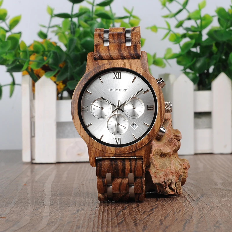 BOBO BIRD relogio masculino Men Watch Chronograph Wrist watch Military Metal Wooden Bracelet Luxury