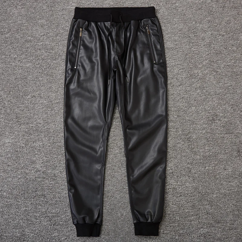 Мужские черные штаны для бега из искусственной кожи на молнии с карманами на молнии с эластичной резинкой на талии в стиле хип-хоп, мотоциклетные штаны из искусственной кожи