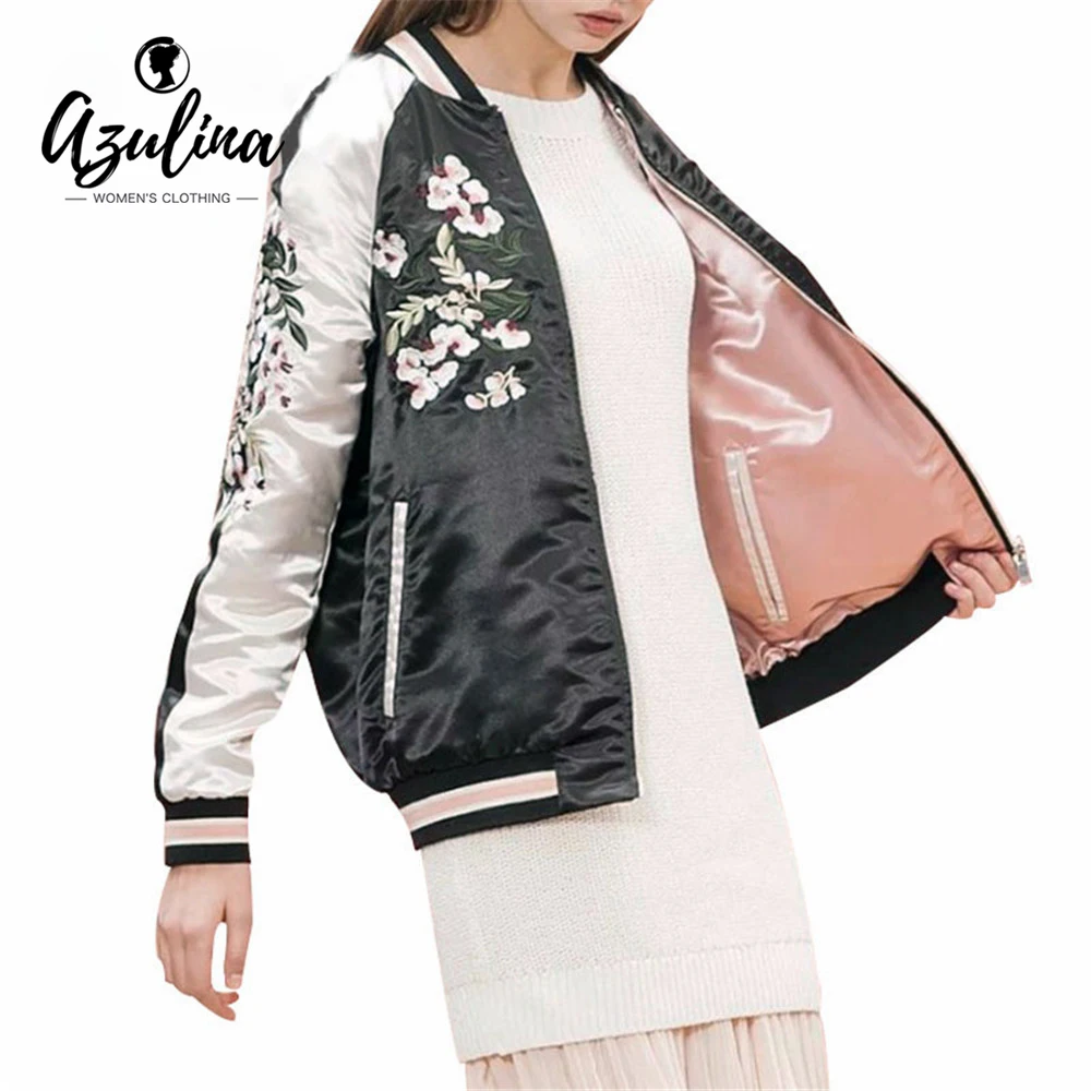 AZULINA Reversible Jacket Coat Floral Embroidered Bomber Jacket Women Autumn Flower Baseball Basic Jacket Female Black Coat 2018